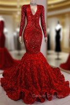 Gorgeous Long Sleeves Sequins Prom Dress Mermaid V-Neck With Flowers Bottom