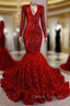 Gorgeous Long Sleeves Sequins Prom Dress Mermaid V-Neck With Flowers Bottom
