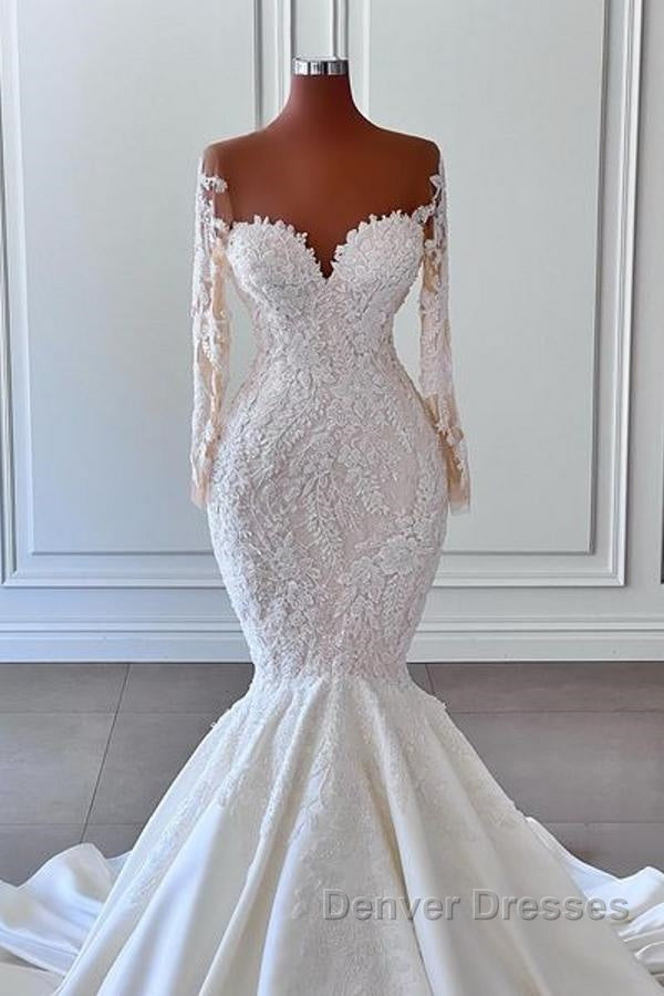 Gorgeous Long Sleeves White Mermaid Bridal Dress Sweetheart Graden Wedding Dress