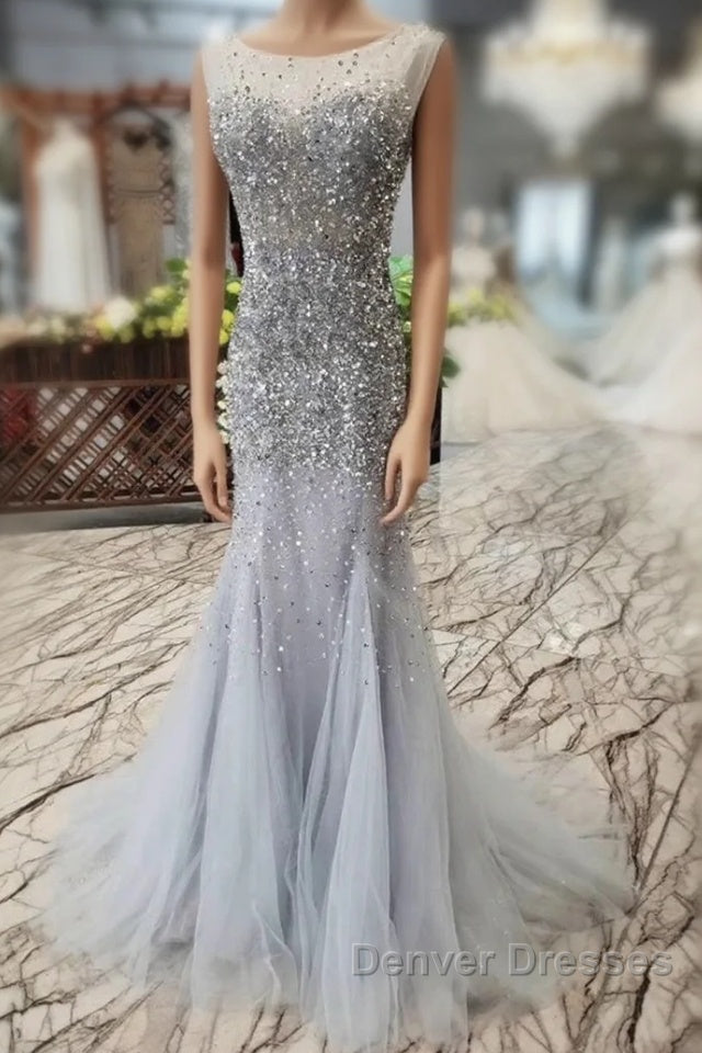 Gorgeous Mermaid Backless Silver Grey Sequins Prom Dress, Mermaid Silver Grey Formal Dress, Shiny Silver Grey Evening Dress Main image