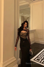 Gorgeous Mermaid Black Lace Date Night Dress Long Prom Dresses Birthday Outfits
