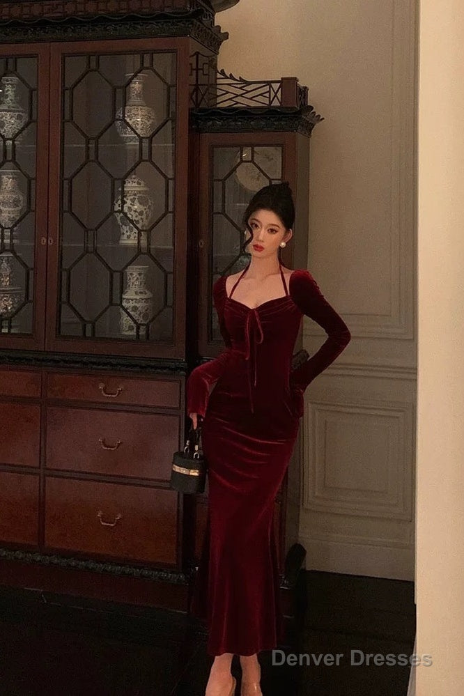Gorgeous Mermaid Halter Burgundy Date Night Dress Prom Dresses Birthday Outfits Secondary image