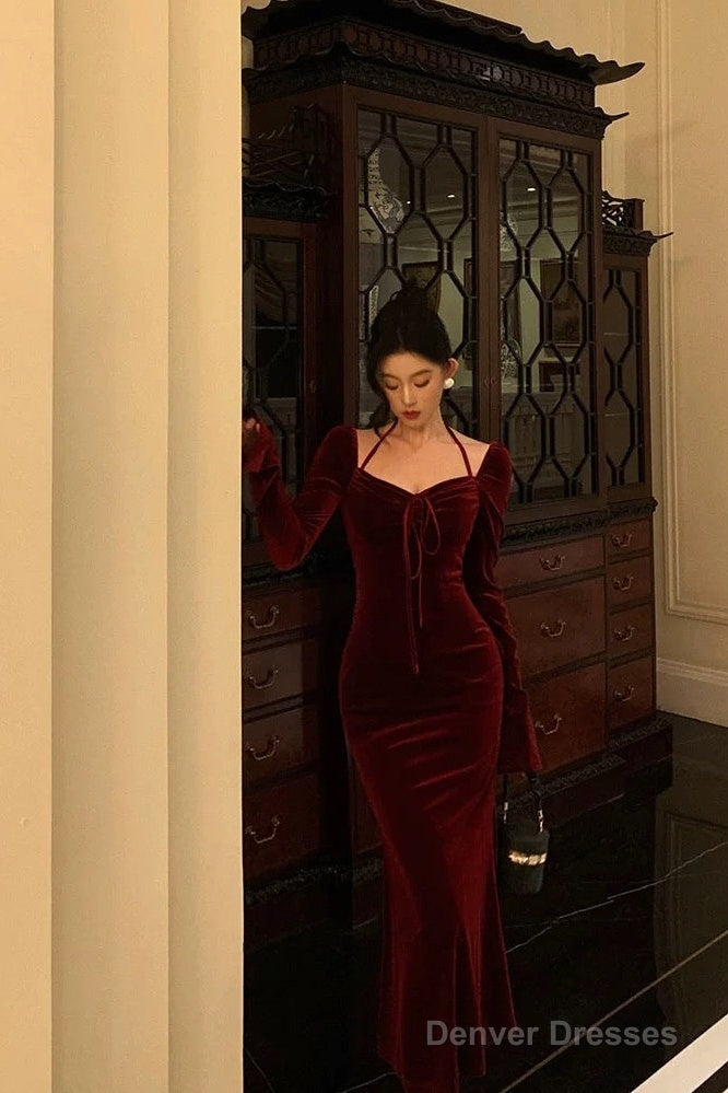 Gorgeous Mermaid Halter Burgundy Date Night Dress Prom Dresses Birthday Outfits Main image