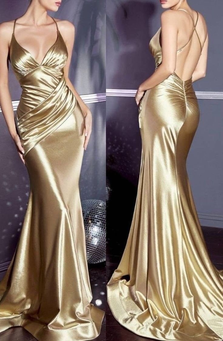 Gorgeous Mermaid Halter Floor Length Gold Satin Evening Dress Prom Dress