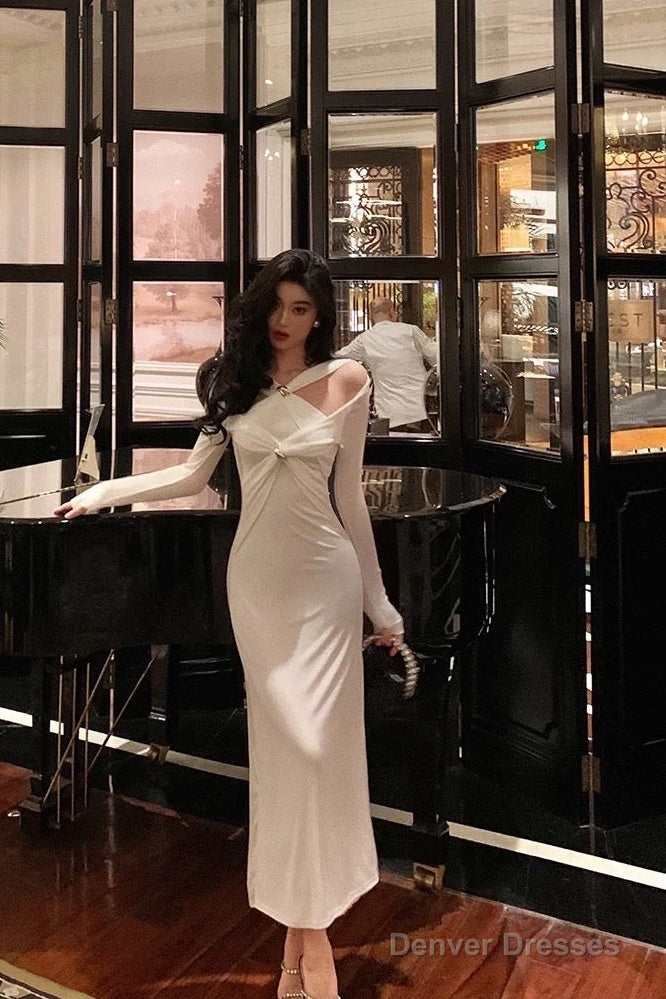 Gorgeous Mermaid Halter Long Sleeves Date Night Dress White Prom Dresses Birthday Outfits Secondary image