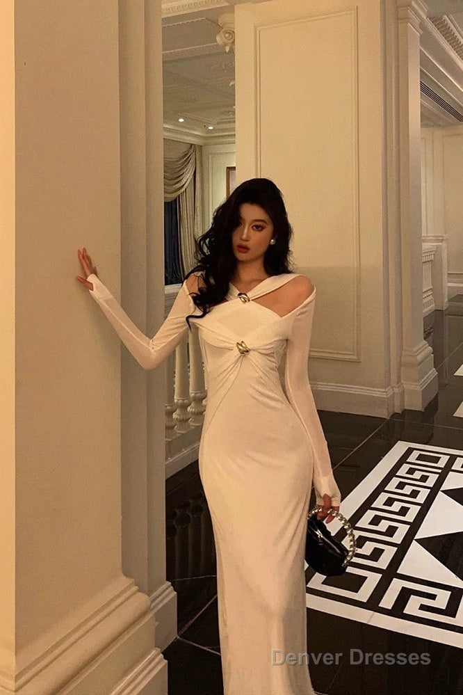 Gorgeous Mermaid Halter Long Sleeves Date Night Dress White Prom Dresses Birthday Outfits