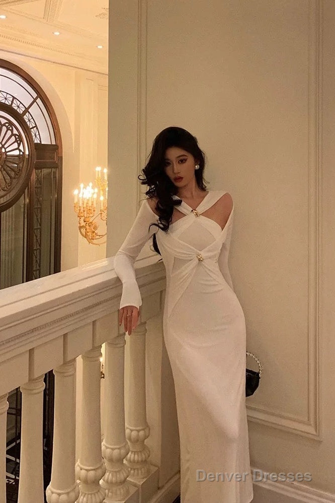 Gorgeous Mermaid Halter Long Sleeves Date Night Dress White Prom Dresses Birthday Outfits