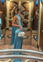 Gorgeous Mermaid Halter Satin Long Party Dress Blue Backless Prom Dress