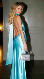 Gorgeous Mermaid Halter Satin Long Party Dress Blue Backless Prom Dress