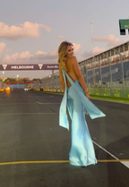 Gorgeous Mermaid Halter Satin Long Party Dress Blue Backless Prom Dress
