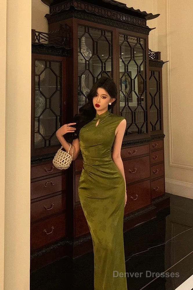 Gorgeous Mermaid High Neckline Green Satin Floral Date Night Dress Long Prom Dresses Birthday Outfits