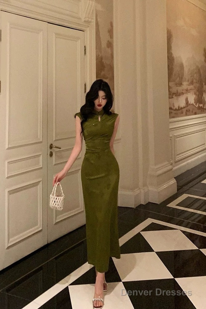 Gorgeous Mermaid High Neckline Green Satin Floral Date Night Dress Long Prom Dresses Birthday Outfits Main image