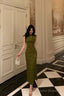 Gorgeous Mermaid High Neckline Green Satin Floral Date Night Dress Long Prom Dresses Birthday Outfits
