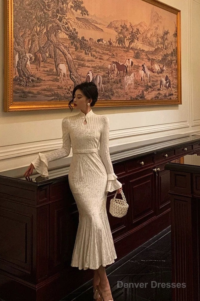 Gorgeous Mermaid High Neckline Ivory Satin Date Night Dress Prom Dresses Birthday Outfits