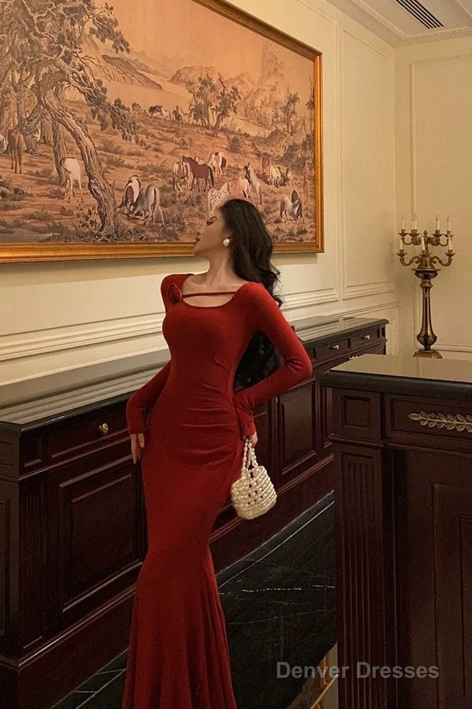 Gorgeous Mermaid Jewel Neckline Long Sleeves Date Night Dress Red Prom Dresses Birthday Outfits Secondary image