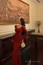Gorgeous Mermaid Jewel Neckline Long Sleeves Date Night Dress Red Prom Dresses Birthday Outfits