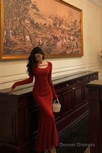 Gorgeous Mermaid Jewel Neckline Long Sleeves Date Night Dress Red Prom Dresses Birthday Outfits