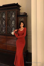 Gorgeous Mermaid Jewel Neckline Long Sleeves Date Night Dress Red Prom Dresses Birthday Outfits
