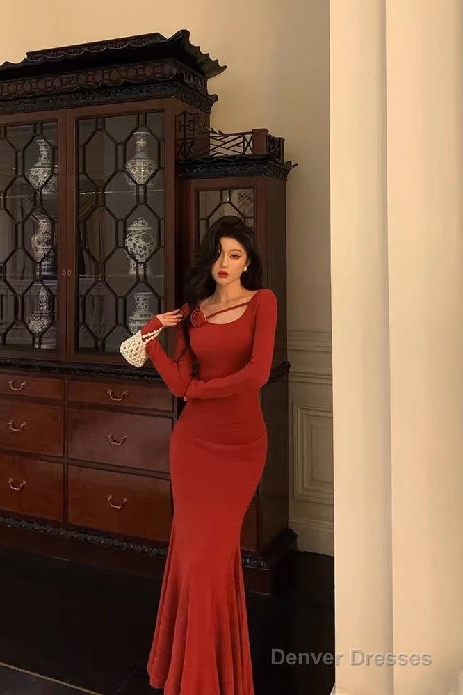 Gorgeous Mermaid Jewel Neckline Long Sleeves Date Night Dress Red Prom Dresses Birthday Outfits