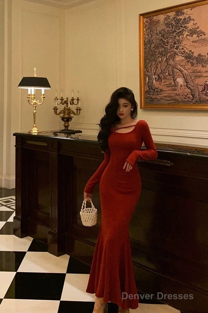 Gorgeous Mermaid Jewel Neckline Long Sleeves Date Night Dress Red Prom Dresses Birthday Outfits Main image