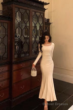 Gorgeous Mermaid Jewel Neckline Long Sleeves Date Night Dress White Prom Dresses Birthday Outfits