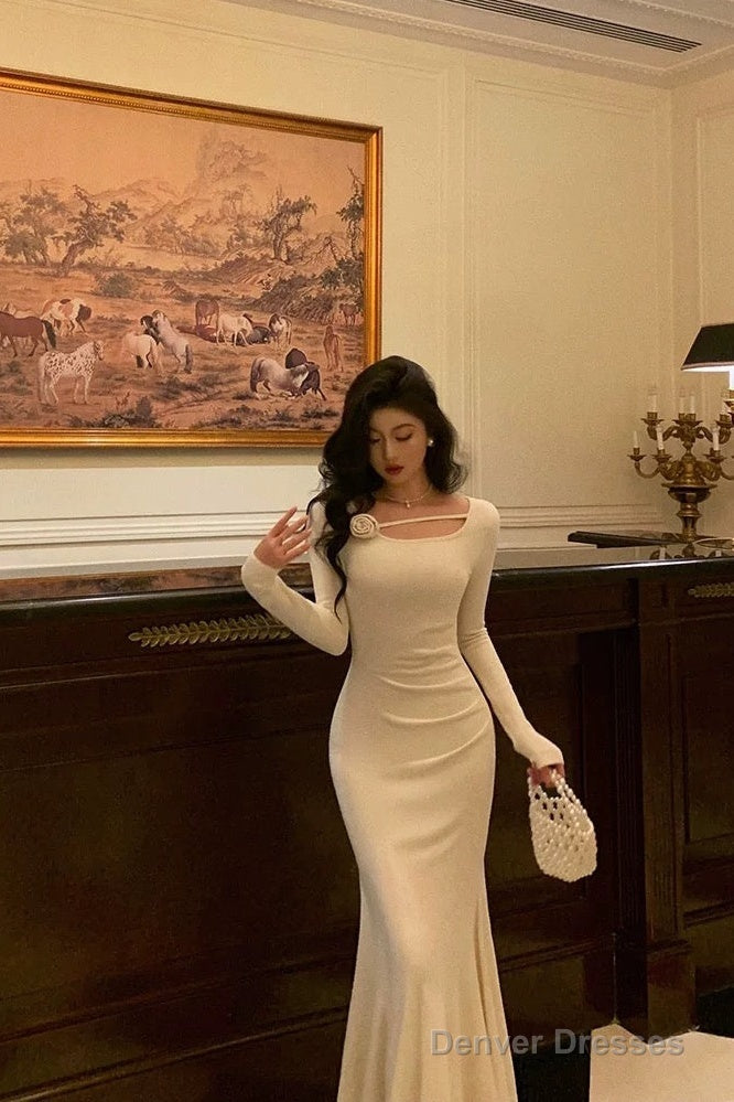 Gorgeous Mermaid Jewel Neckline Long Sleeves Date Night Dress White Prom Dresses Birthday Outfits