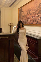 Gorgeous Mermaid Jewel Neckline Long Sleeves Date Night Dress White Prom Dresses Birthday Outfits