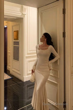 Gorgeous Mermaid Jewel Neckline Long Sleeves Date Night Dress White Prom Dresses Birthday Outfits