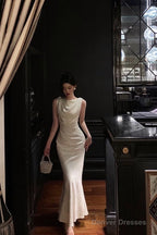 Gorgeous Mermaid Jewel Neckline White Satin Floral Date Night Dress Long Prom Dresses Birthday Outfits