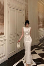 Gorgeous Mermaid Jewel Neckline White Satin Floral Date Night Dress Long Prom Dresses Birthday Outfits
