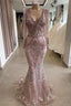 Gorgeous Mermaid Lace Beading V-Neck Long Sleevess Prom Dresses Evening Gowns With Beading Waistband