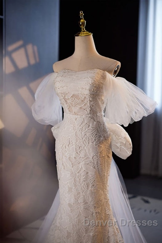 Gorgeous Mermaid Lace Wedding Dress Party Dress Off Shoulder With Big Bow