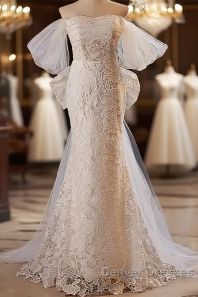 Gorgeous Mermaid Lace Wedding Dress Party Dress Off Shoulder With Big Bow Main image