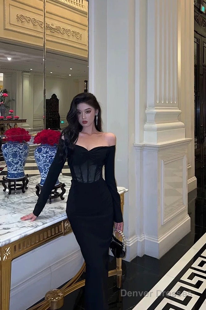 Gorgeous Mermaid Off The Shoulder Long Sleeves Date Night Dress Black Prom Dresses Birthday Outfits Secondary image