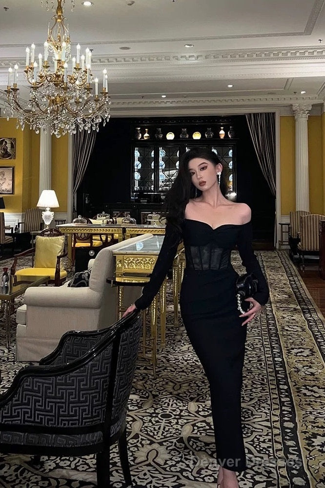Gorgeous Mermaid Off The Shoulder Long Sleeves Date Night Dress Black Prom Dresses Birthday Outfits Main image