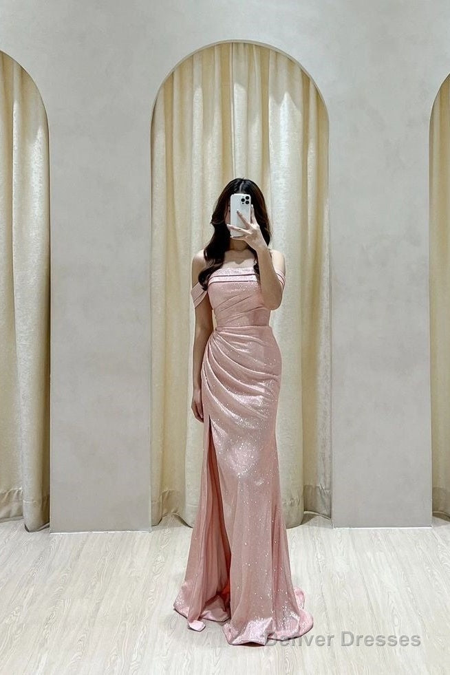 Gorgeous Mermaid Off The Shoulder Sequin Floor Length Pink Slit Evening Dress Prom Dresses Secondary image