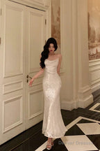 Gorgeous Mermaid Spaghetti Straps Date Night Dress Floral Ivory Satin Prom Dresses Birthday Outfit