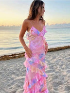 Gorgeous Mermaid Spaghetti Straps Floor Length Floral Yellow Chiffon Evening Dress Prom Dress