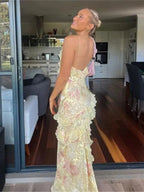 Gorgeous Mermaid Spaghetti Straps Floor Length Floral Yellow Chiffon Evening Dress Prom Dress