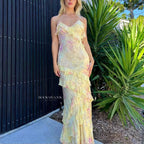 Gorgeous Mermaid Spaghetti Straps Floor Length Floral Yellow Chiffon Evening Dress Prom Dress