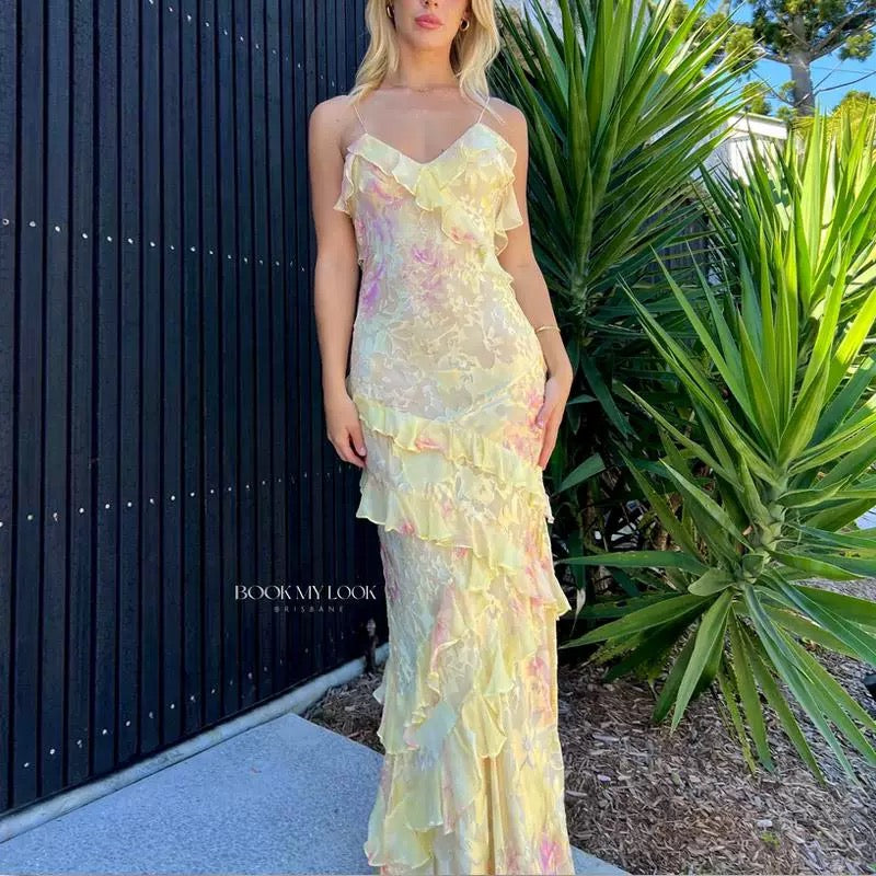 Gorgeous Mermaid Spaghetti Straps Floor Length Floral Yellow Chiffon Evening Dress Prom Dress