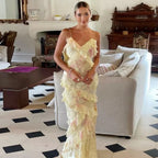 Gorgeous Mermaid Spaghetti Straps Floor Length Floral Yellow Chiffon Evening Dress Prom Dress