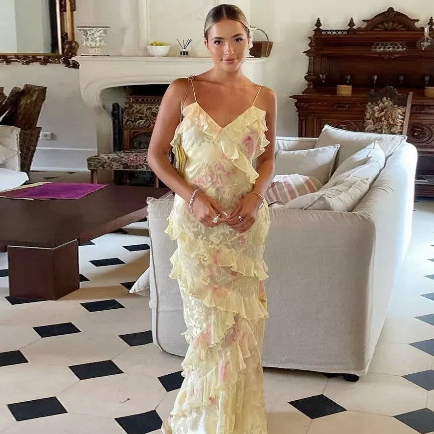Gorgeous Mermaid Spaghetti Straps Floor Length Floral Yellow Chiffon Evening Dress Prom Dress
