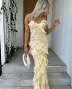 Gorgeous Mermaid Spaghetti Straps Floor Length Floral Yellow Chiffon Evening Dress Prom Dress