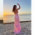 Gorgeous Mermaid Spaghetti Straps Floor Length Floral Yellow Chiffon Evening Dress Prom Dress