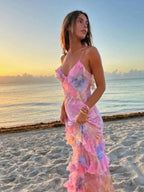 Gorgeous Mermaid Spaghetti Straps Floor Length Floral Yellow Chiffon Evening Dress Prom Dress
