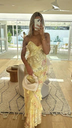 Gorgeous Mermaid Spaghetti Straps Floor Length Floral Yellow Chiffon Evening Dress Prom Dress