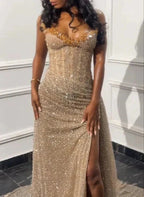 Gorgeous Mermaid Spaghetti Straps Floor Length Sequin Slit Evening Dress Prom Dresses