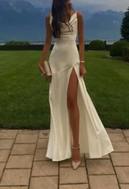 Gorgeous Mermaid Spaghetti Straps Floor-Length White Slit Evening Dress Prom Dress