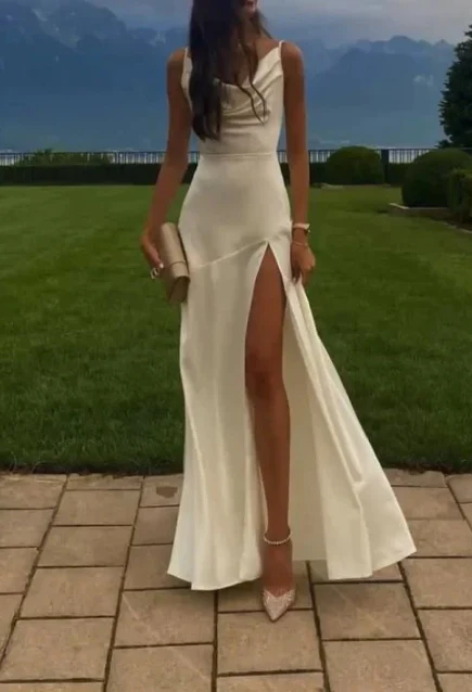 Gorgeous Mermaid Spaghetti Straps Floor-Length White Slit Evening Dress Prom Dress